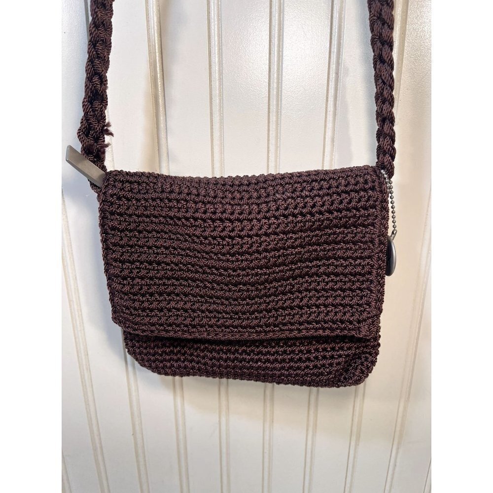 𝅺THE Sak Crochet Crossbody Purse Small Mini 7” X 7” Excellent  Brown